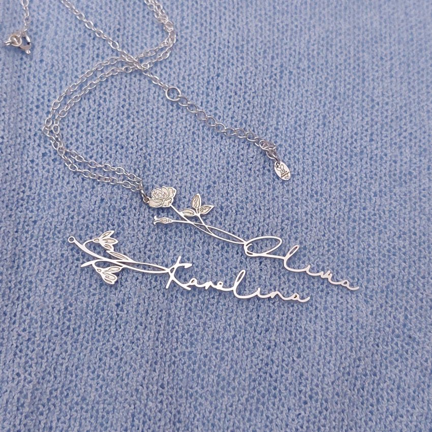 Srebrny łańcuszek z imieniem i kwiatowym znakiem zodiaku | srebro 925